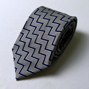 J.Z. Richards Silk Geometric Zig Zag Necktie OS Silver Navy Blue Formal Office